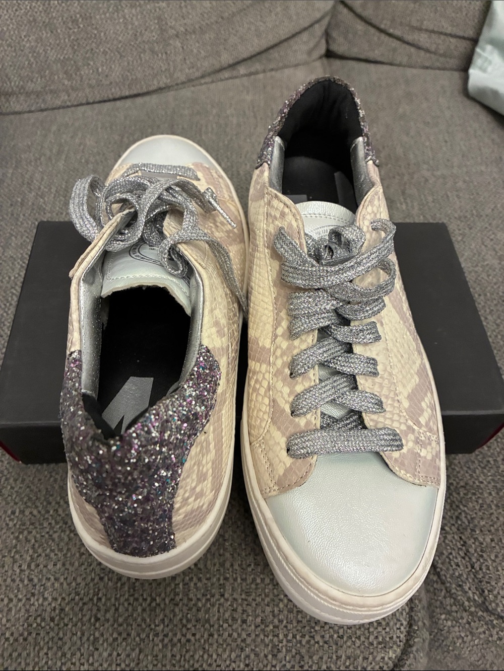 P448 Beige Snake-Print Sneakers with Silver Laces & Purple Glitter Heel size 41
